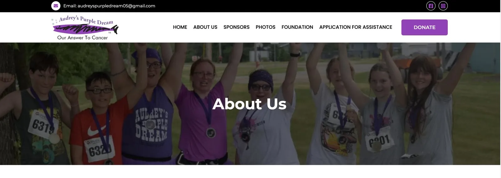 Audrey's Purple Dream website with the logo, navigation, Donate button and About Us banner