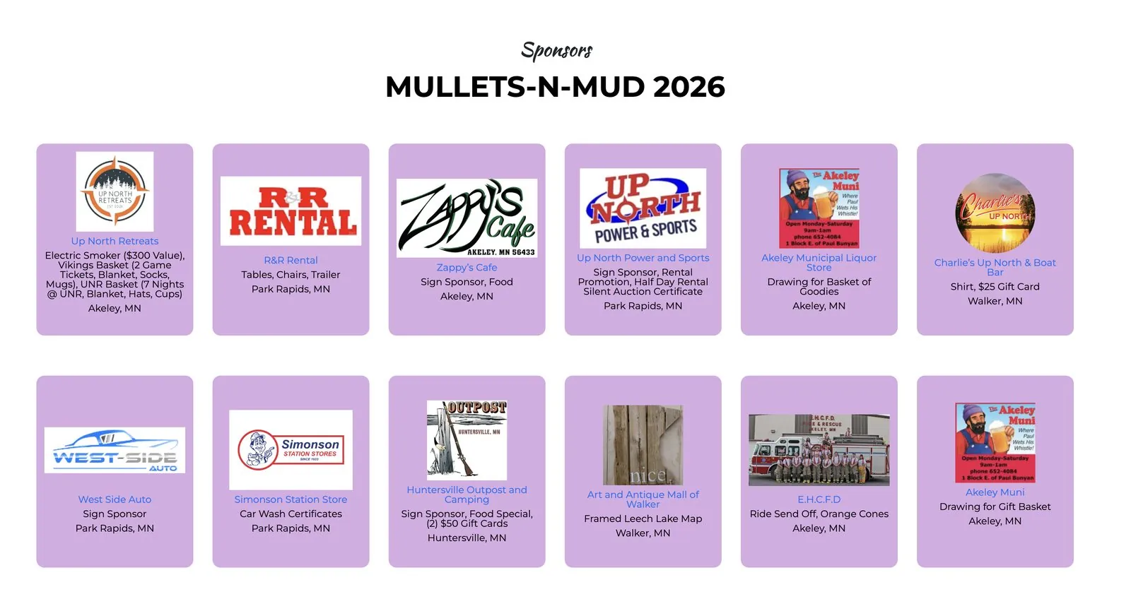 Sponsors page for Mullets-N-Mud 2026 listing local businesses, what each donated and their town