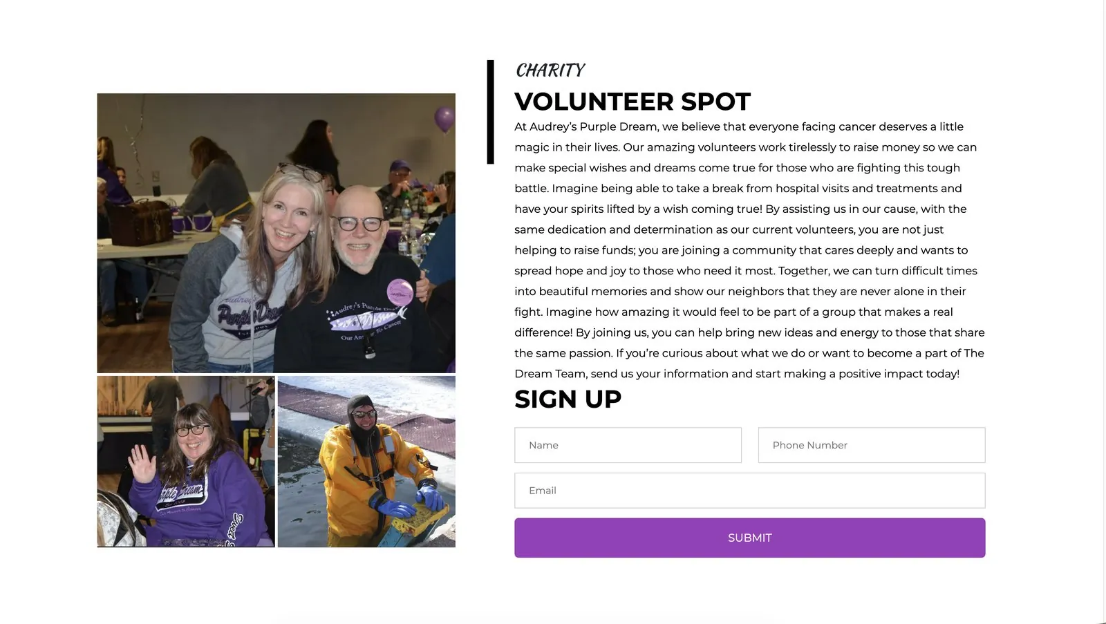 Volunteer Spot section with event photos and an online signup form