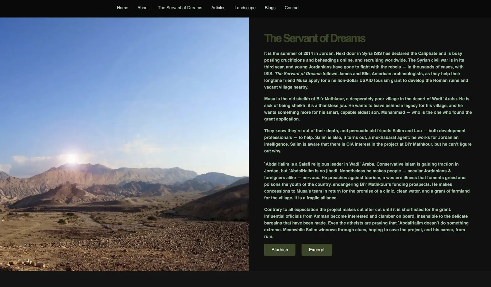 The Servant of Dreams page with a desert landscape photo, the story summary and Blurbish and Excerpt buttons