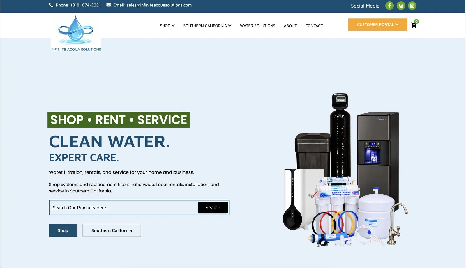 Homepage: Shop, Rent, Service. Clean Water. Expert Care. with water filtration equipment and a Customer Portal button