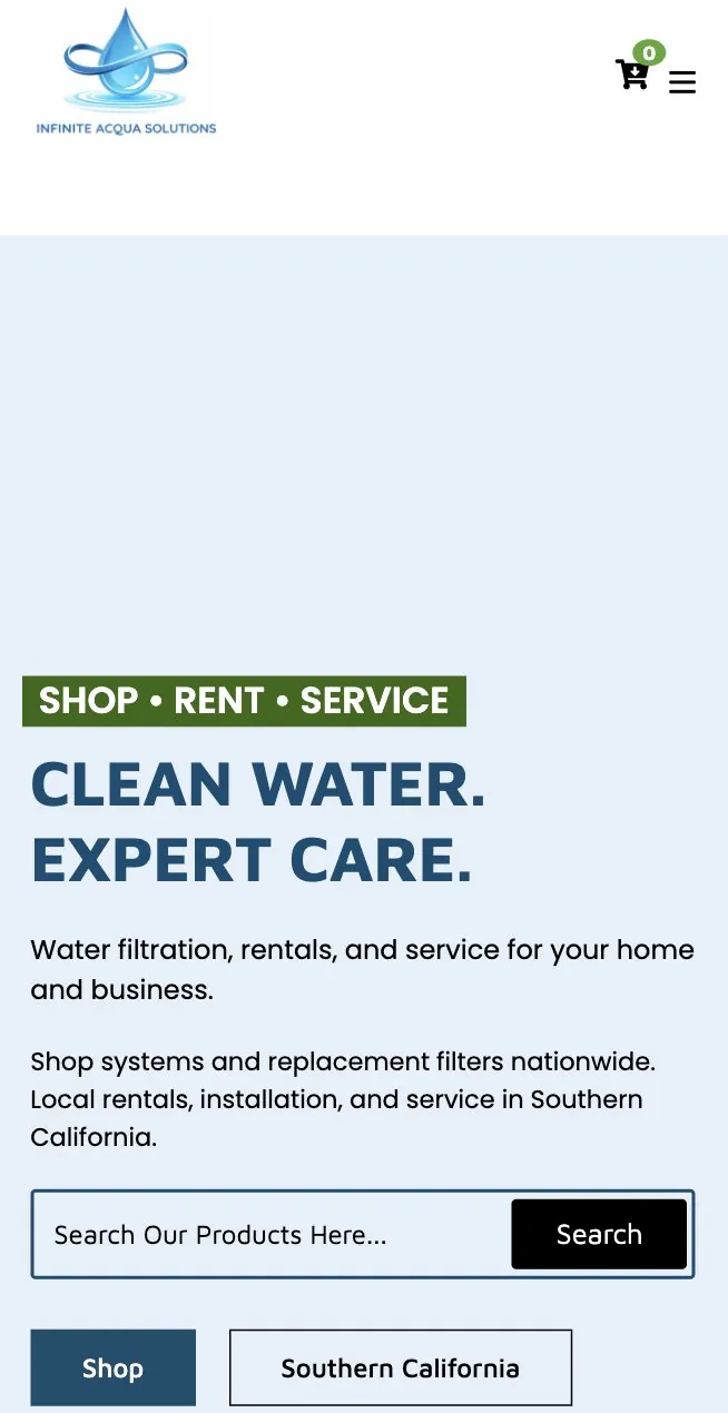 Infinite Acqua Solutions homepage on a phone