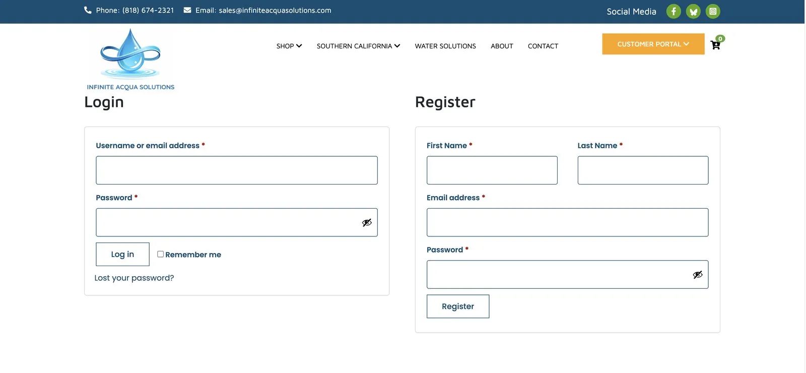 Customer Portal login and registration page