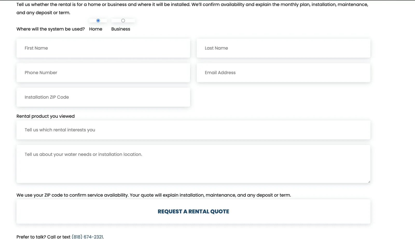 Rental quote form asking for home or business use, contact details, installation ZIP code and the rental product viewed