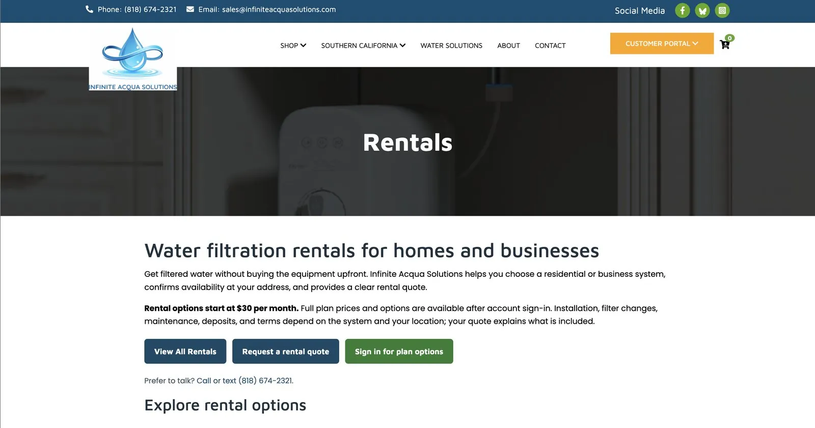 Rentals page with rental options starting at 30 dollars per month and buttons to view rentals, request a quote or sign in