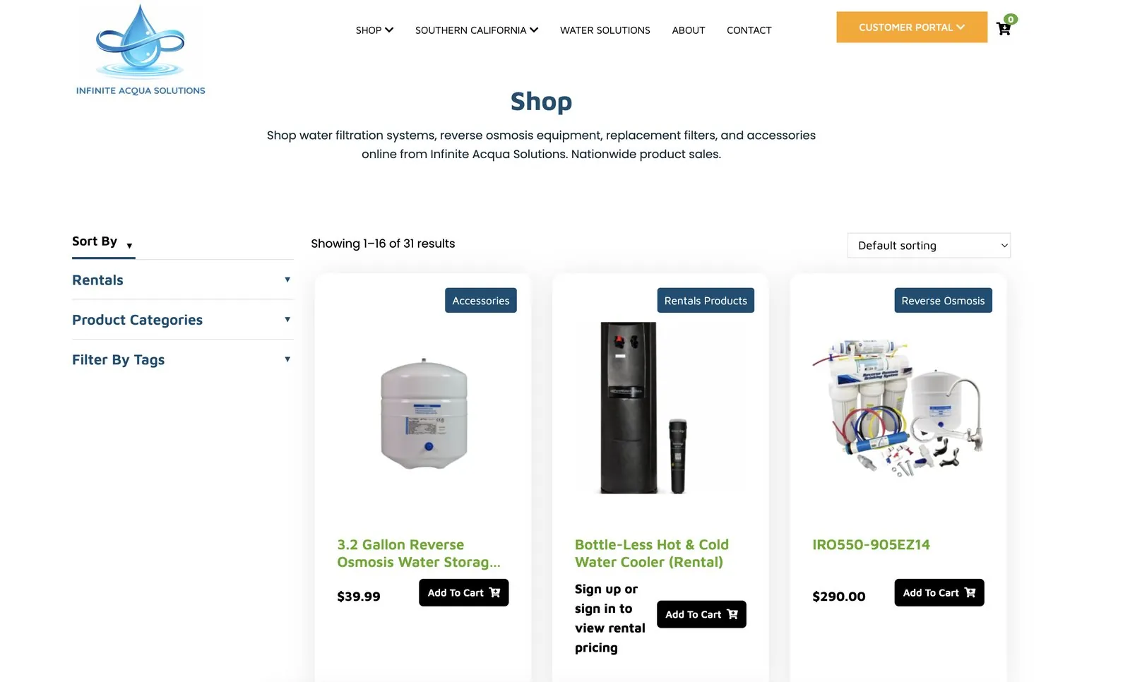 Shop page with rentals and product category filters; rental products ask visitors to sign in to view rental pricing