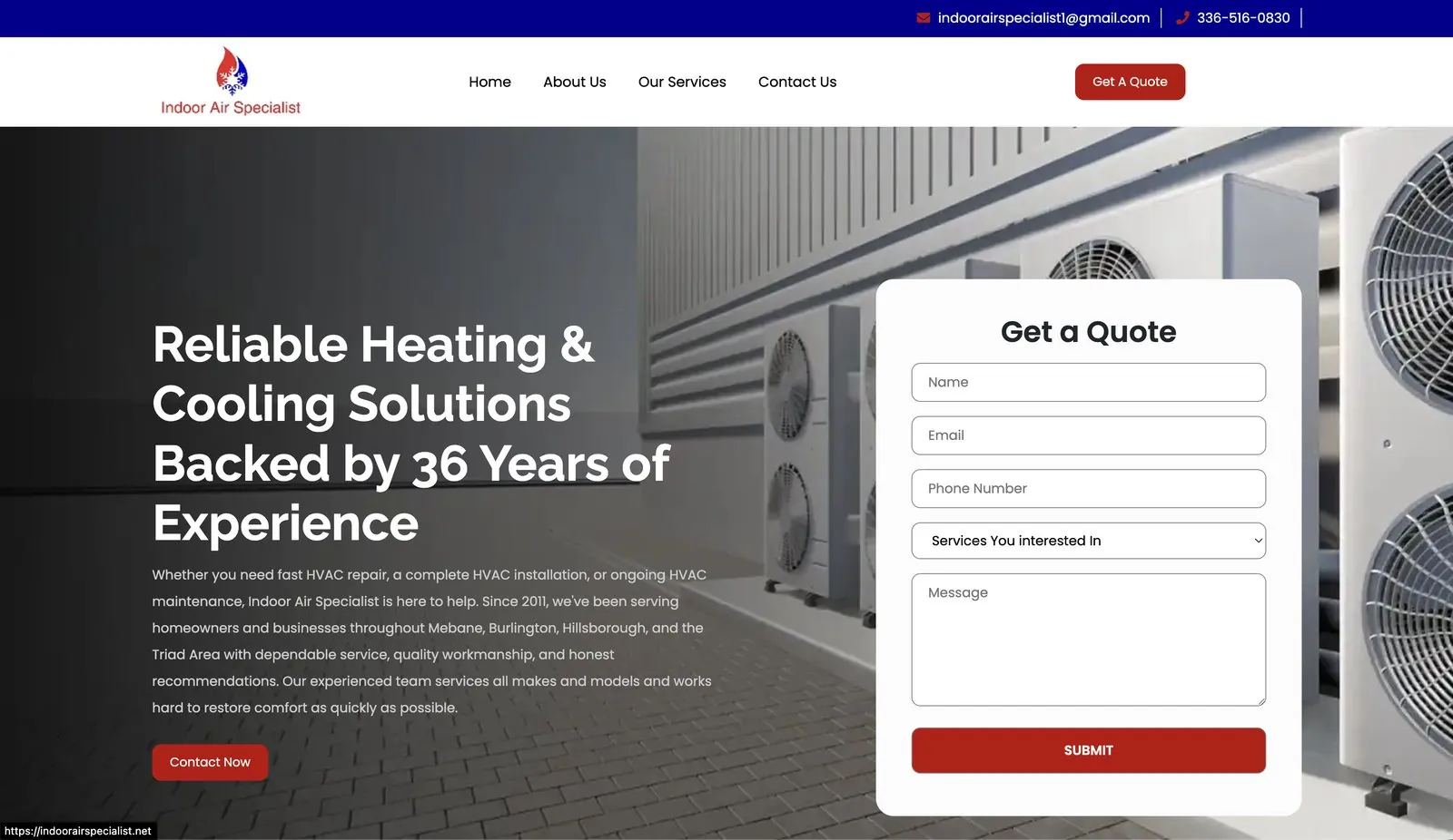 Homepage with a heating and cooling headline and a Get a Quote form