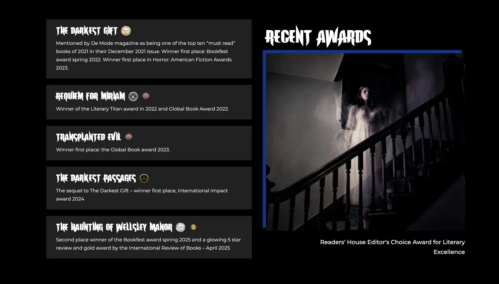 Awards section listing each novel with its award seals and a Recent Awards feature