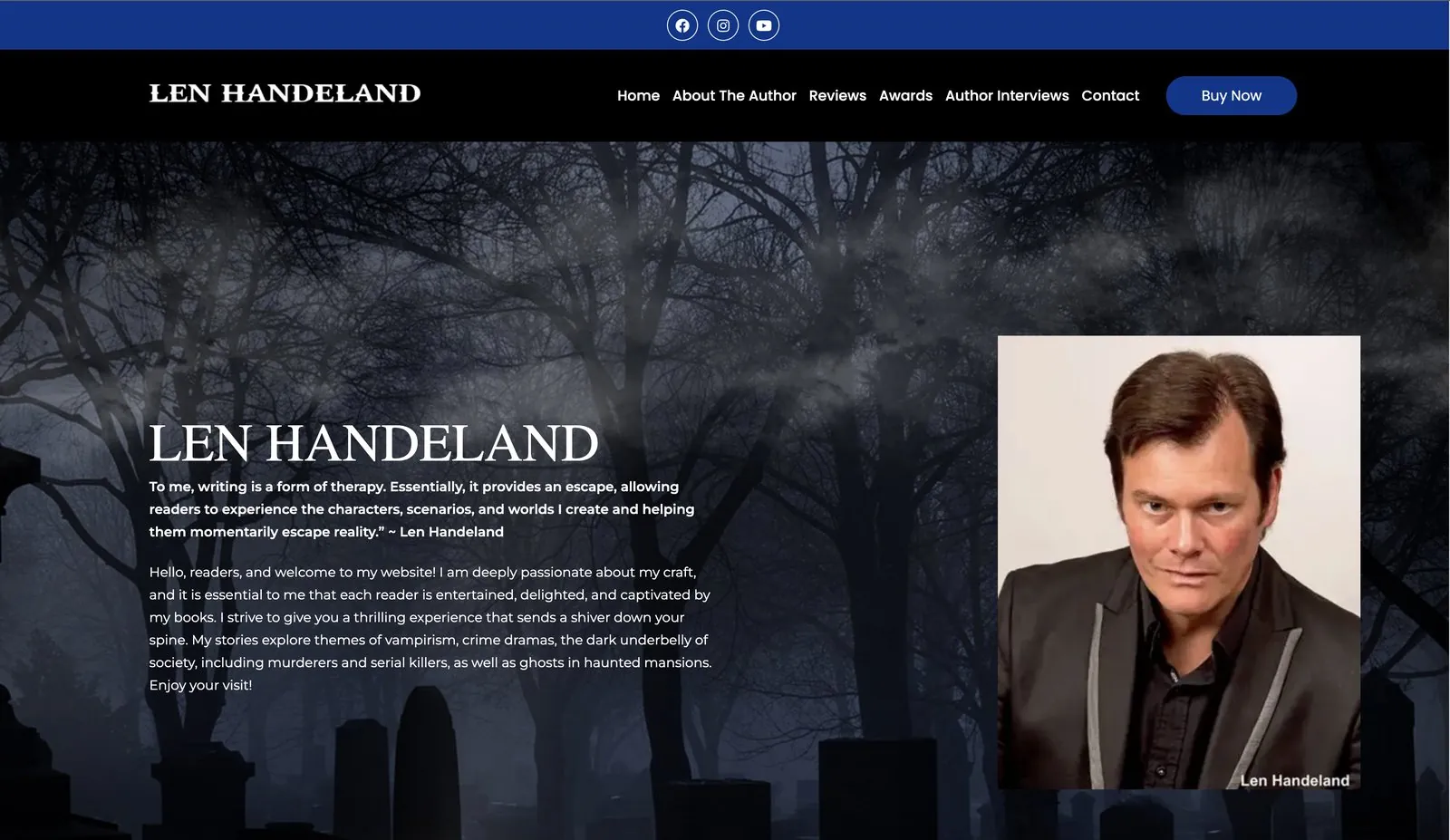 Len Handeland homepage with a misty graveyard background, author welcome message and portrait
