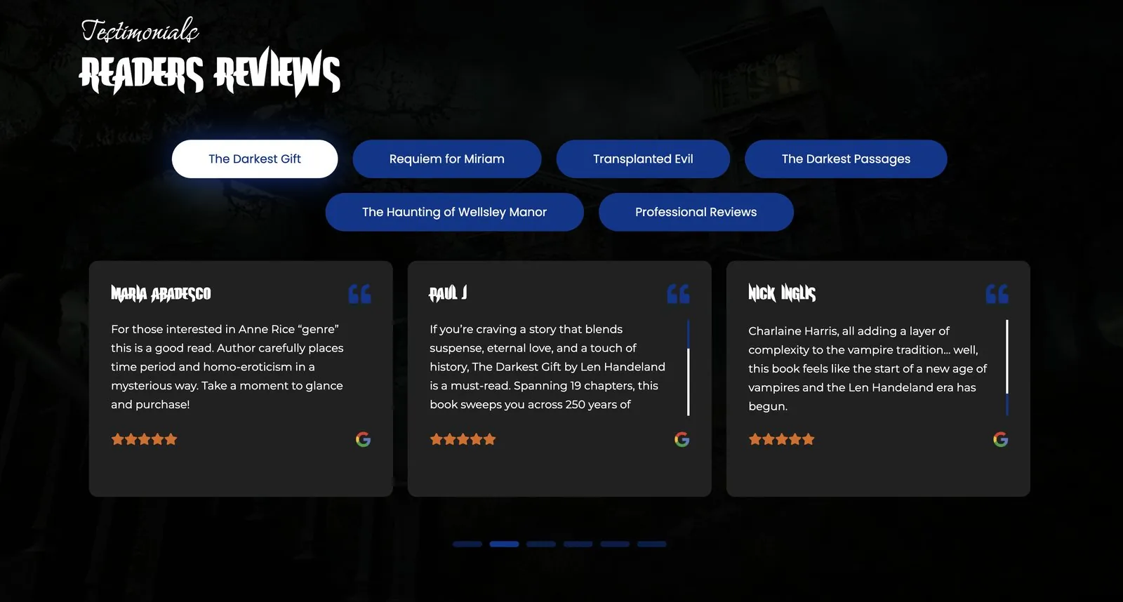 Readers Reviews section with tabs for each book and five-star review cards