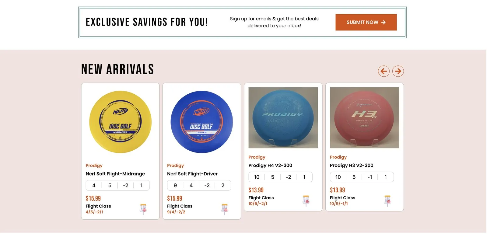Email signup banner and New Arrivals row of discs with flight numbers and prices