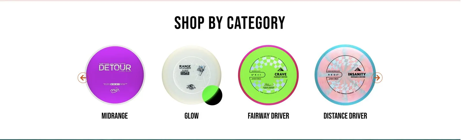 Shop by Category carousel with midrange, glow, fairway driver and distance driver discs