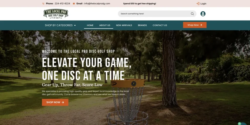 Homepage with the headline Elevate your game, one disc at a time, over a disc golf basket in a wooded course