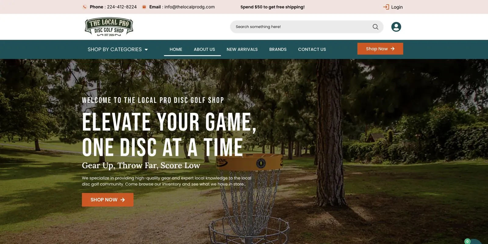 Homepage with the headline Elevate your game, one disc at a time, over a disc golf basket in a wooded course