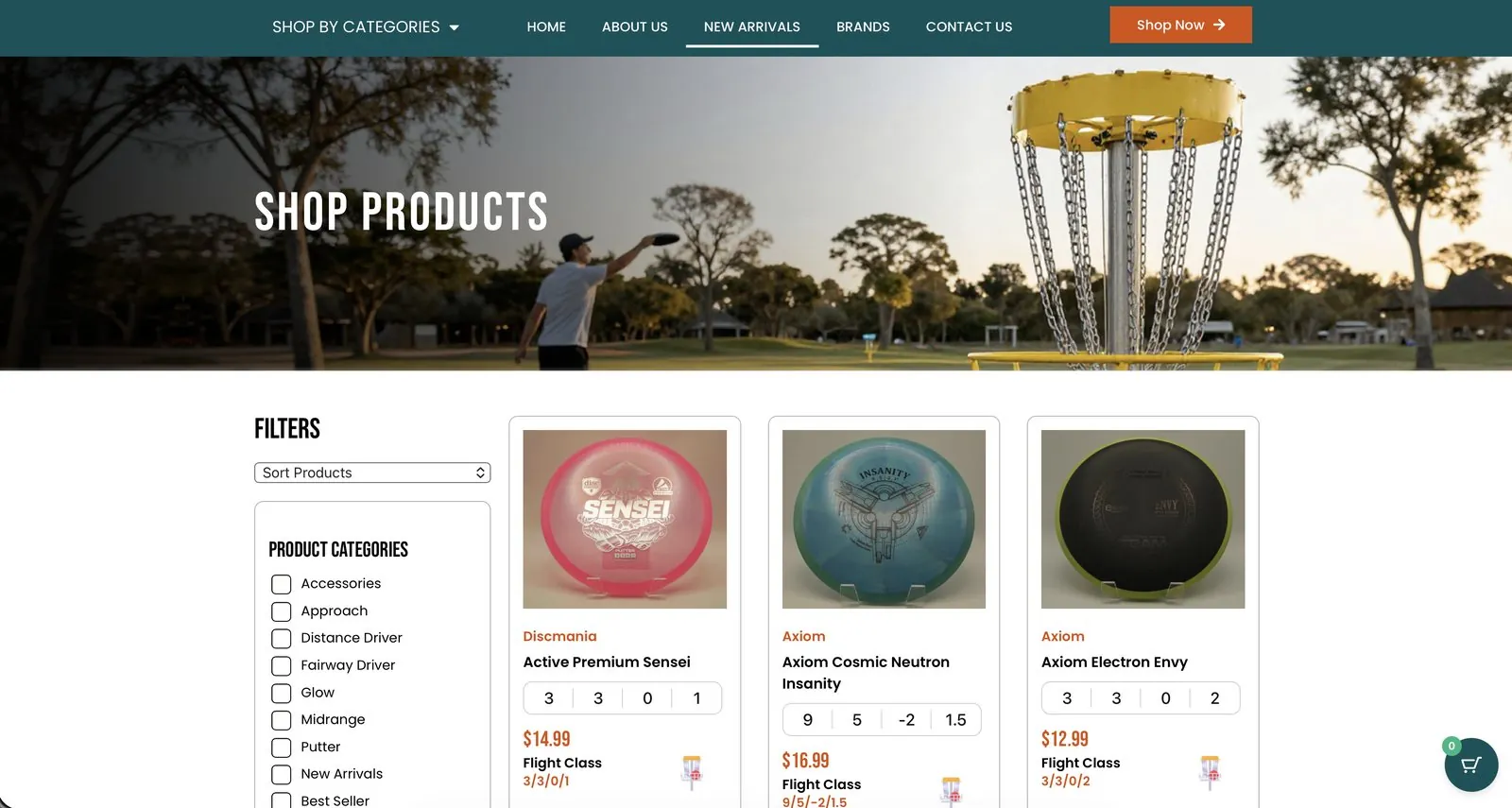 Shop page with category filters and disc cards showing brand, flight numbers and price