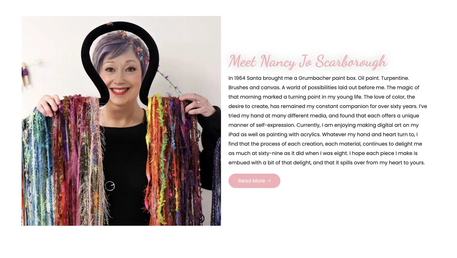 Meet Nancy Jo Scarborough section with her photo and the story of her first paint box