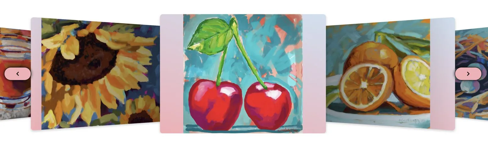 Gallery slider showing paintings of sunflowers, cherries and oranges