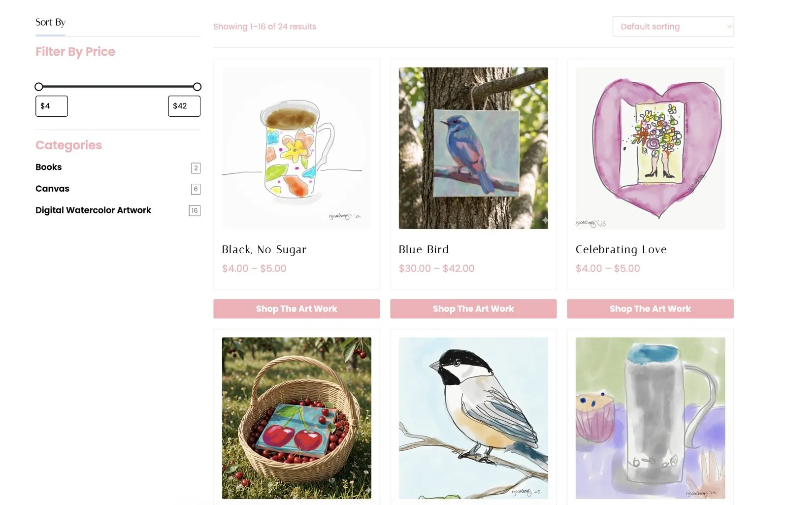 Shop page with price filter, categories for Books, Canvas and Digital Watercolor Artwork, and artwork cards