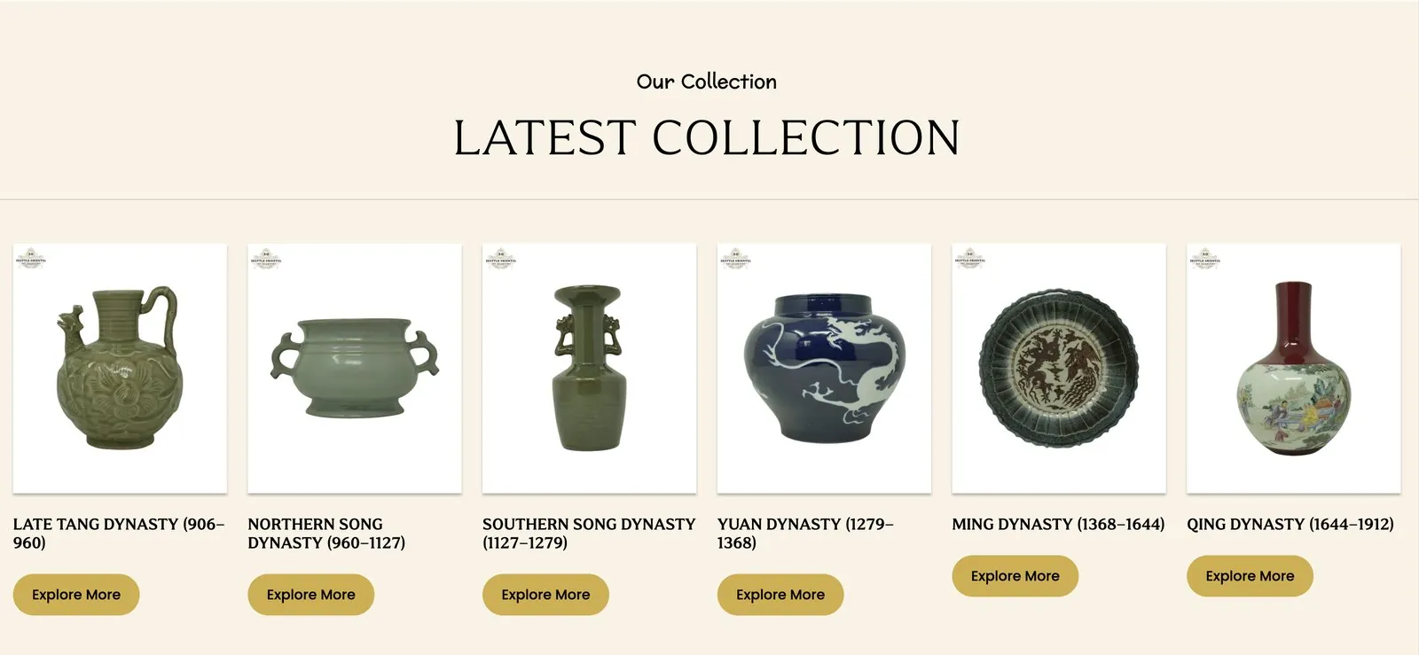 Latest Collection section with six dynasties from the Late Tang to the Qing, each with an Explore More button
