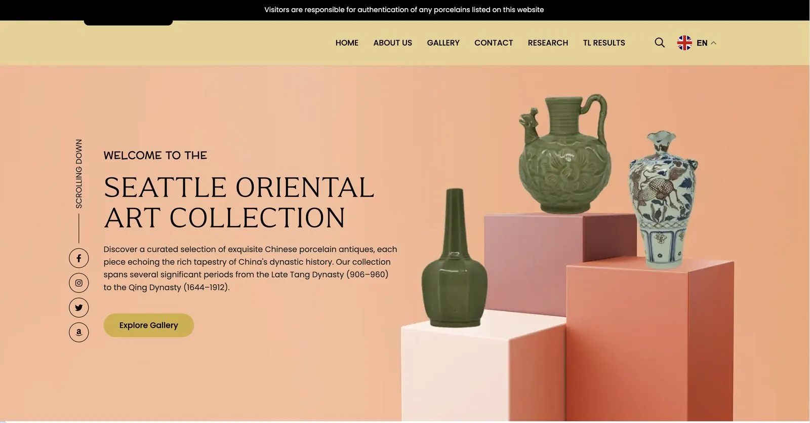 Homepage with Chinese porcelain vases on pedestals and an Explore Gallery button