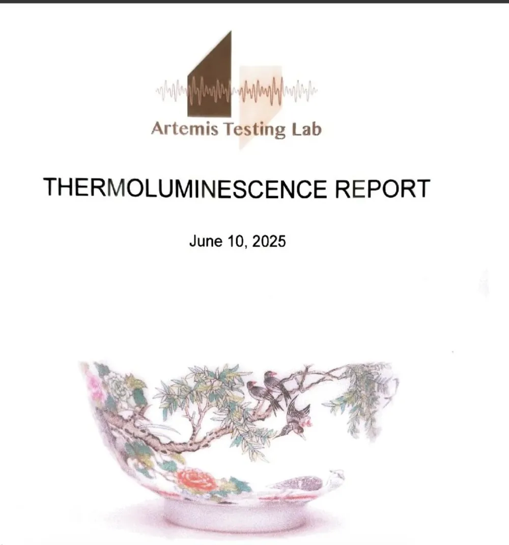 Thermoluminescence report cover from Artemis Testing Lab for a Kangxi period bowl