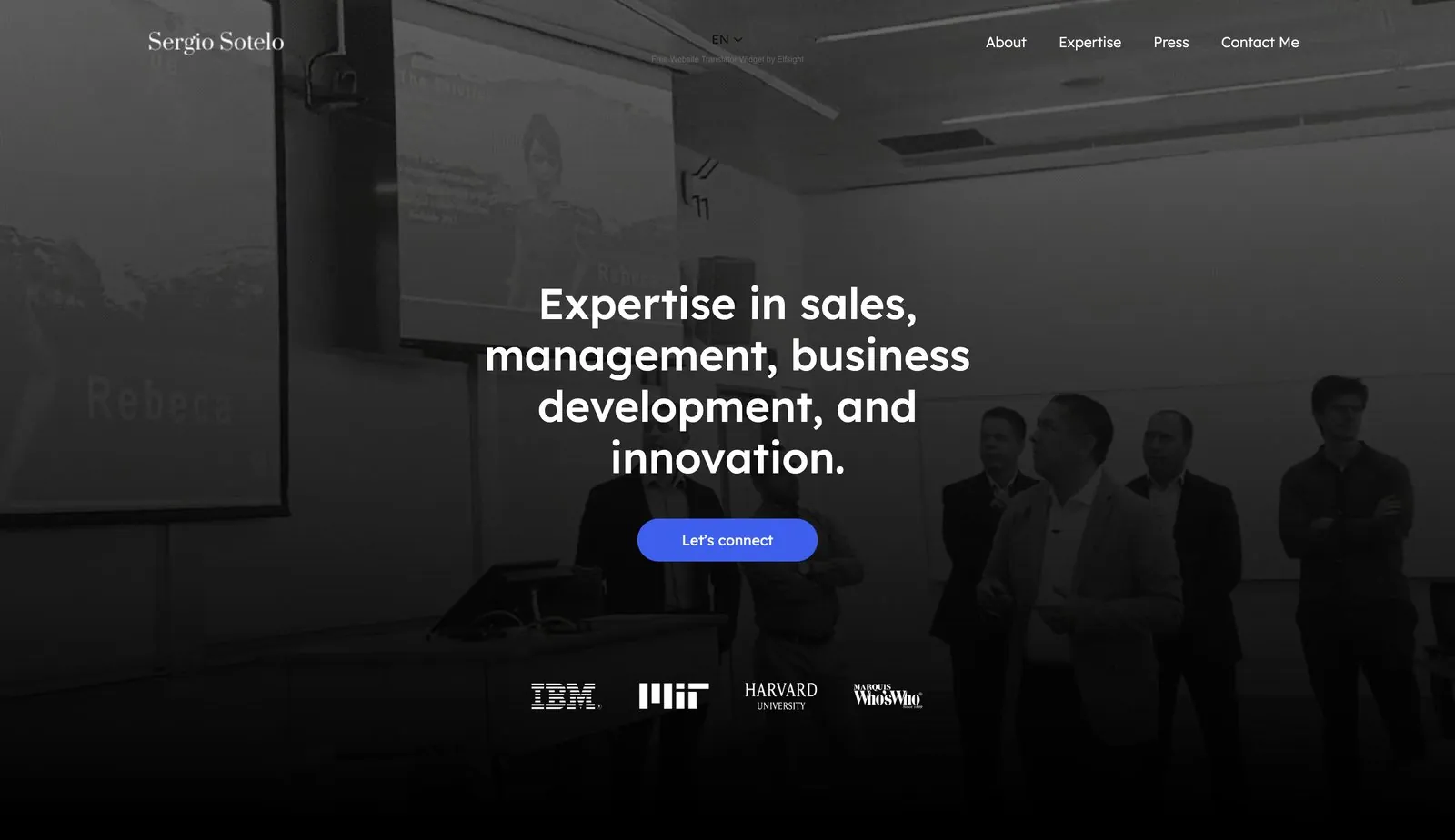 Homepage: Expertise in sales, management, business development and innovation, with IBM, MIT, Harvard and Who's Who logos