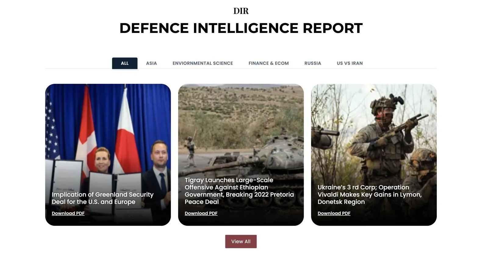 Defence Intelligence Report repository with filter tabs for Asia, Environmental Science, Finance and E-commerce, Russia and US vs Iran, and report cards with Download PDF links