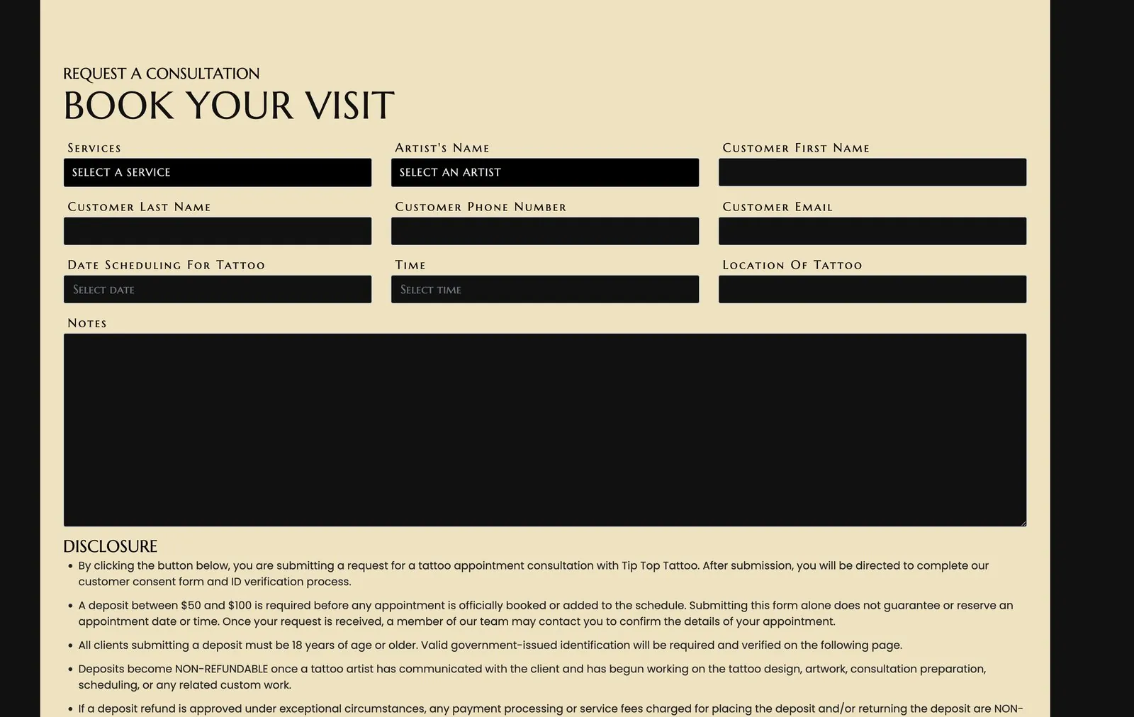 Book Your Visit consultation form with service, artist, date, time and tattoo location fields and a deposit disclosure