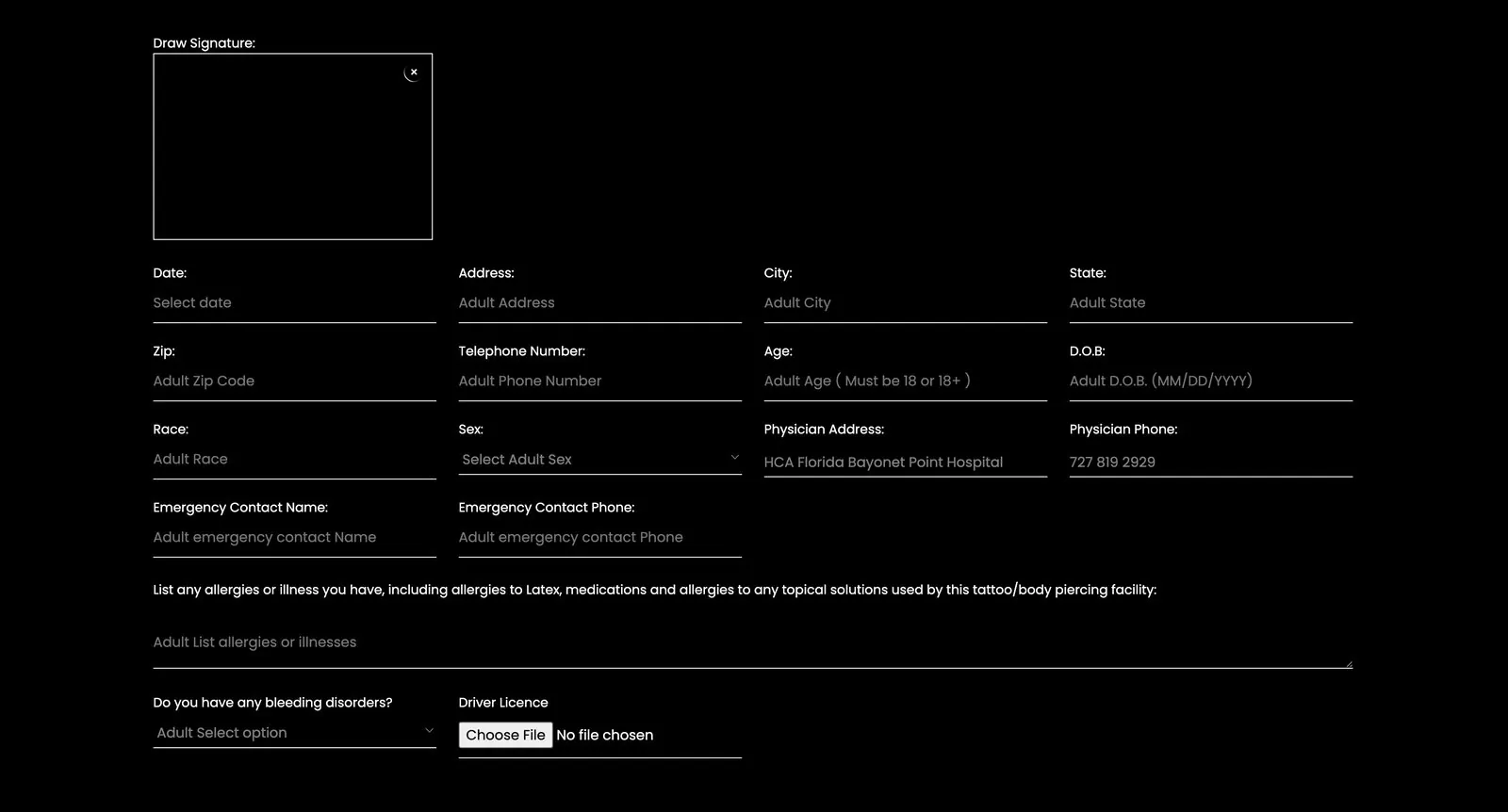 Consent form with a signature pad, contact details, health questions and a driver's license upload