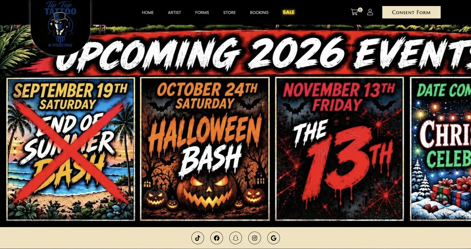 Tip Top Tattoo homepage with the studio logo, Consent Form button and upcoming 2026 events