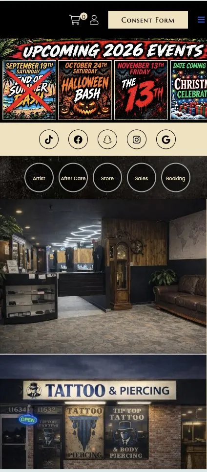 Tip Top Tattoo homepage on a phone with upcoming events, social links and studio photos