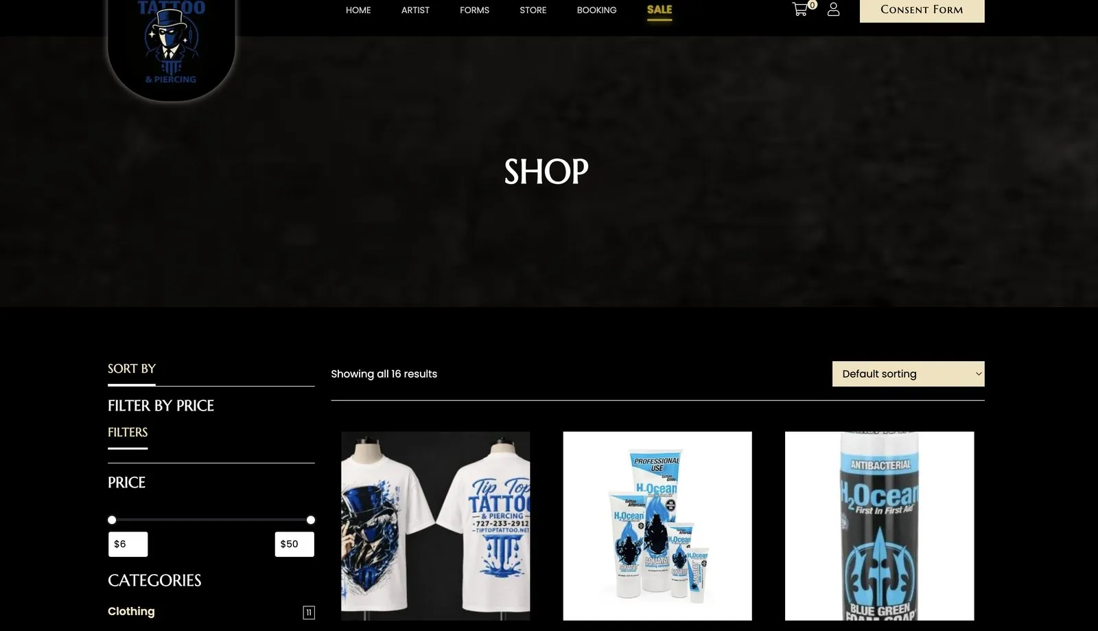 Online shop with price filter, clothing category and aftercare products