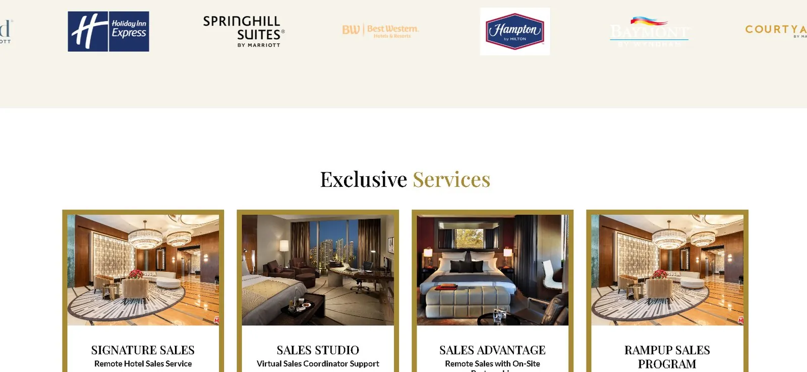 Hotel brand logos and the Exclusive Services cards for Signature Sales, Sales Studio, Sales Advantage and RampUp Sales Program