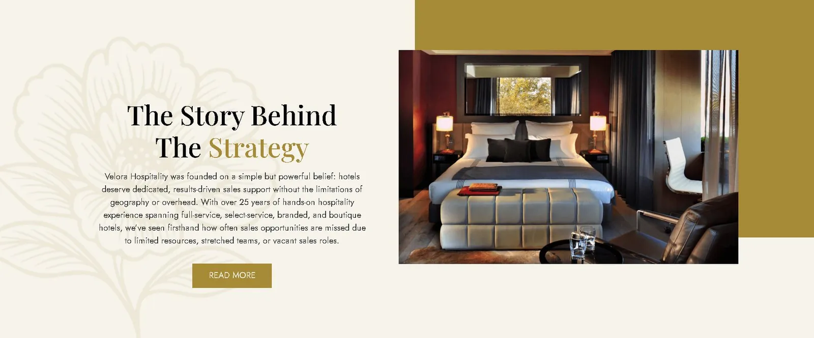 The Story Behind The Strategy section with a boutique hotel room photo