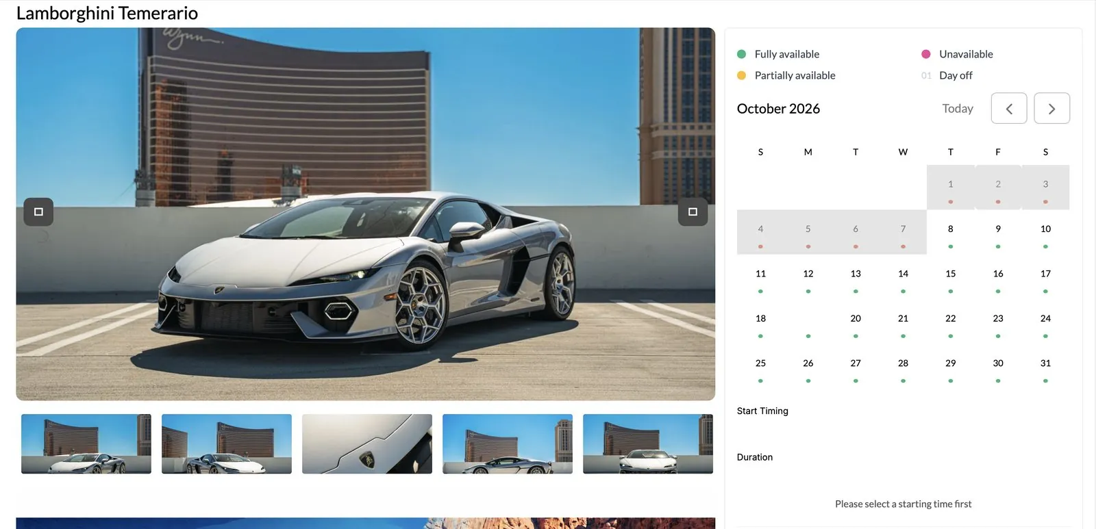 Lamborghini Temerario rental page with photo gallery and an availability calendar
