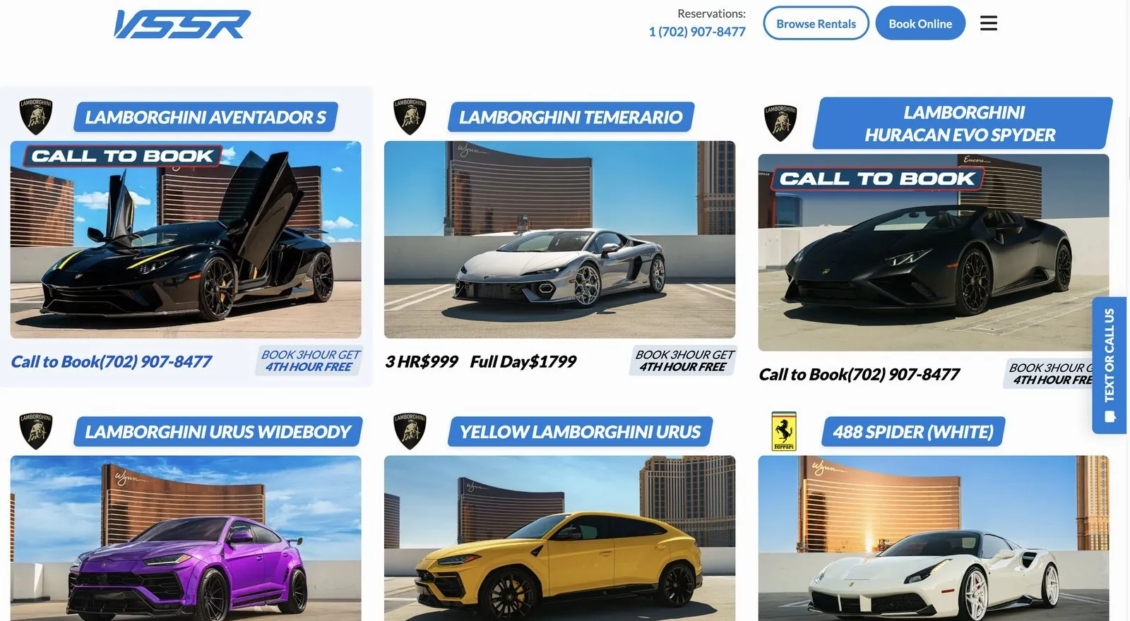 VSSR Exotics fleet page with Lamborghini and Ferrari listings, pricing and booking offers