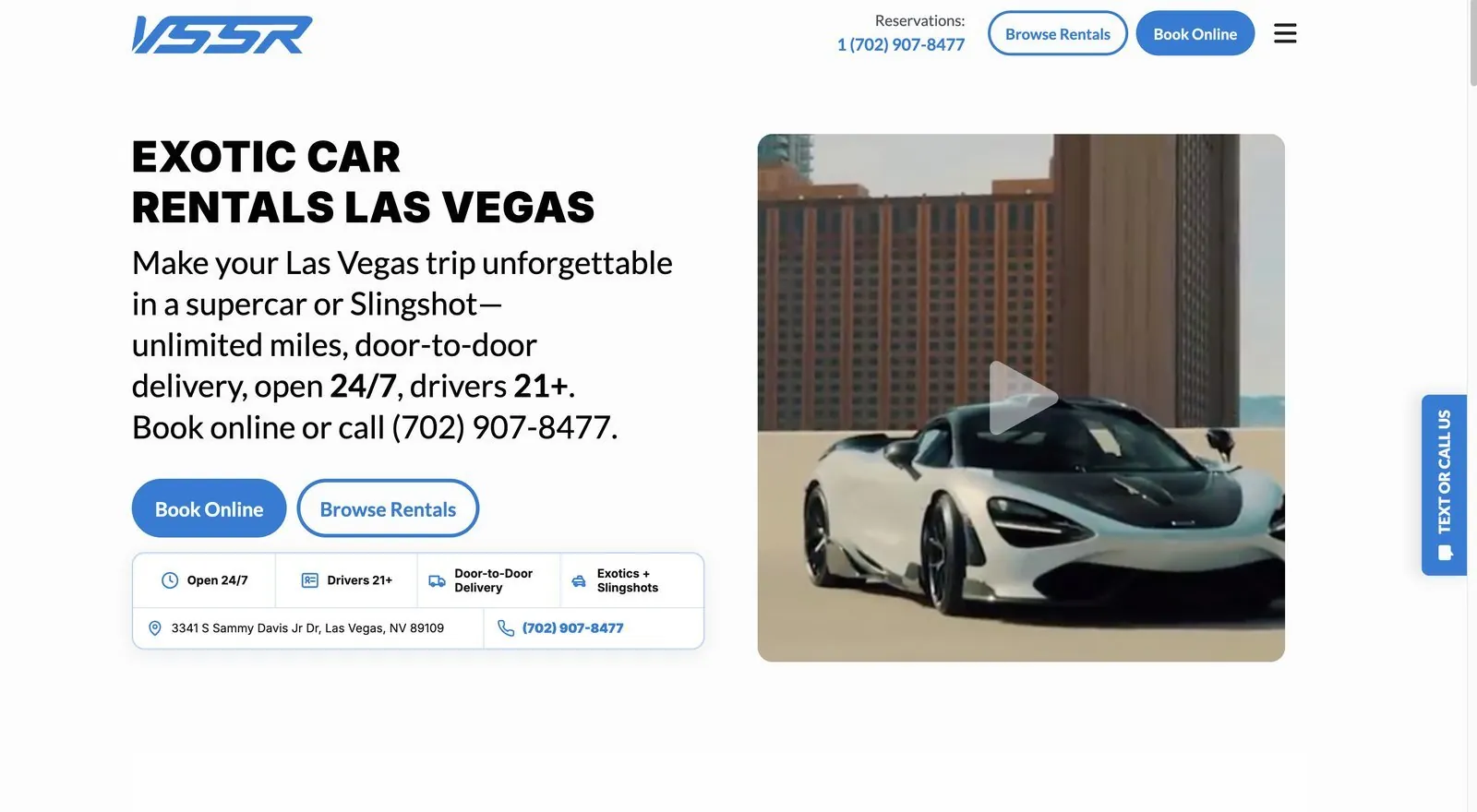 VSSR Exotics homepage: Exotic Car Rentals Las Vegas headline, Book Online and Browse Rentals buttons, and a McLaren video