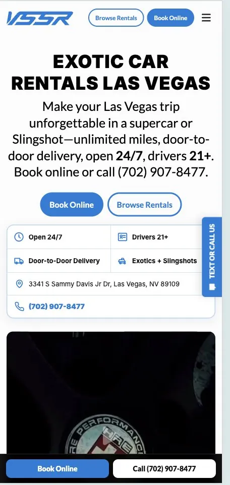 VSSR Exotics homepage on a phone with pinned Book Online and Call buttons